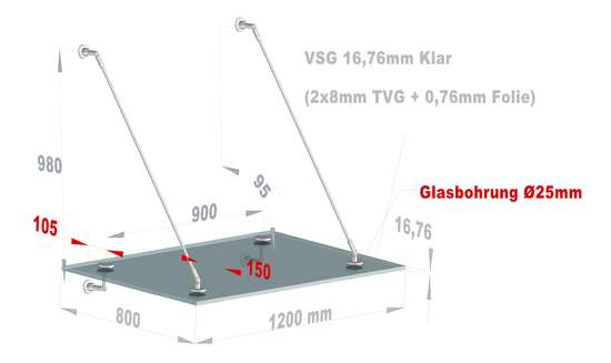 Vordach Set - Zugstange klein - Glas Klar - 1200x800mm